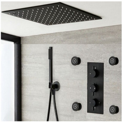 Homestylestore Black Concealed Thermostatic Mixer Valve With 400mm Recessed Shower HeadHand Shower Kit And Body Jets from B&Q