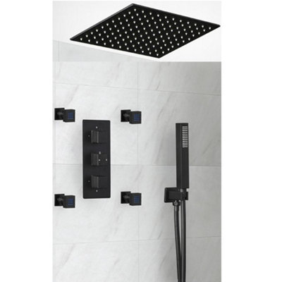 Homestylestore Black Thermostatic Mixer Valve With 400mm Square Recessed Shower HeadHand Shower Kit And Body Jets from B&Q