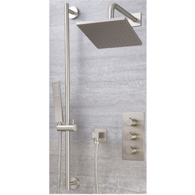 Homestylestore Brushed Nickel Thermostatic Mixer Valve With 200mm Wall Mounted Square Shower Head And Riser Rail Kit from B&Q