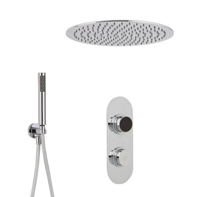 Homestylestore Chrome Digital Thermostatic Shower With 400mm Round Recessed Shower Head And Hand Shower Kit