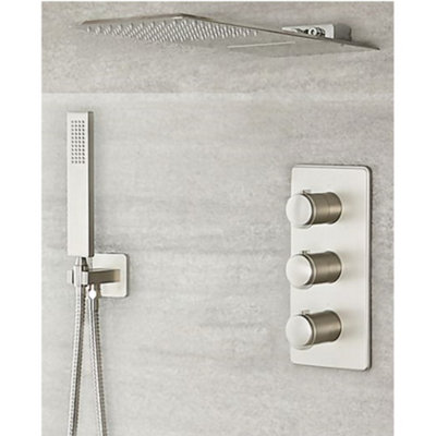 Homestylestore Brushed Nickel Thermostatic Mixer Valve With 200 X 500mm Waterblade Shower Head And Hand Shower Kit from B&Q