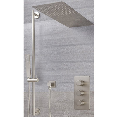 Homestylestore Brushed Nickel Thermostatic Mixer Valve With 200 X 500mm Waterblade Shower Head And Riser Rail Kit from B&Q
