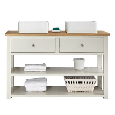 HomeStyleStore 1215mm Antique White And Oak Bathroom Vanity Unit With 2 Square Countertop Basins