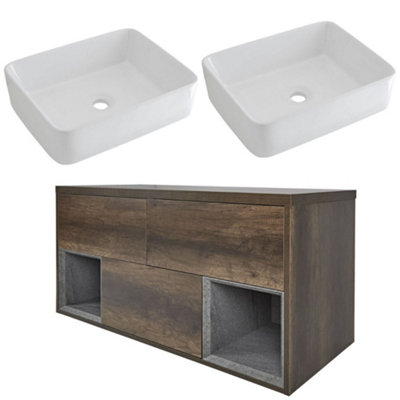 HomeStyleStore 1200mm Dark Oak Wall Hung Bathroom Vanity Unit With 2 Rectangular Countertop Basins