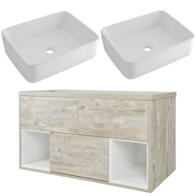HomeStyleStore 1200mm Light Oak Led Lit Wall Hung Bathroom Vanity Unit With 2 Rectangular Countertop Basins