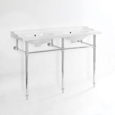 B&Q -  White Bathroom Double Basin Sink And Chrome Washstand 1210 X 470mm