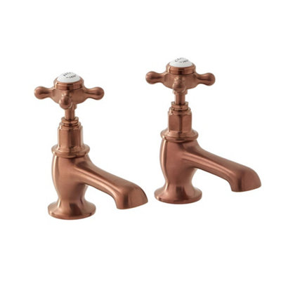 Homestylestore Brushed Copper Bathroom Basin Pillar Taps With Crosshead Handles from B&Q