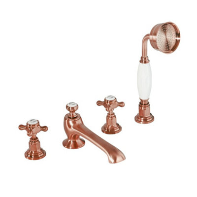 Homestylestore Brushed Copper Deck Mounted 4 Tap Hole Bath Shower Mixer Tap With Crosshead Handles from B&Q