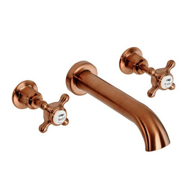 Homestylestore Brushed Copper Wall Mounted 3 Tap Hole Basin Mixer Tap With Crosshead Handles from B&Q