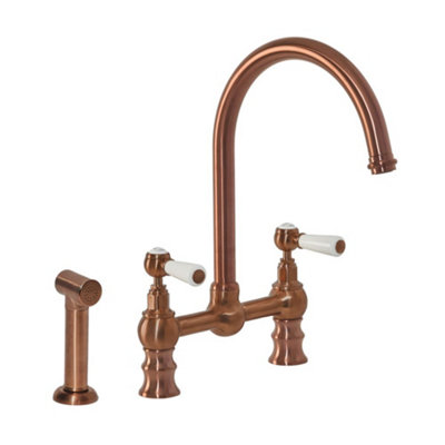B&Q -  Brushed Copper Lever Handle Bridge Kitchen Sink Mixer Tap With Swivel Spout Pull Out Spray