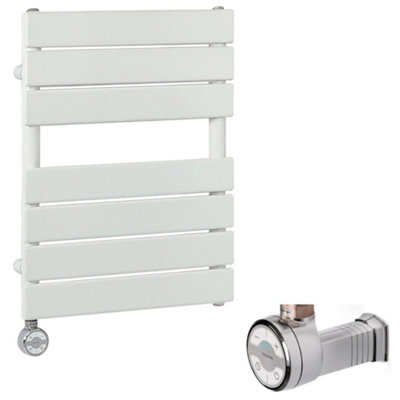 Homestylestore White Flat Panel Heated Towel Rail Radiator With Thermostatic Heating Element And Cable Cover 600 X 400mm from B&Q
