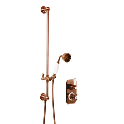 Homestylestore Brushed Copper Thermostatic Mixer Valve And Riser Rail Kit With Hand ShowerRiser Rail And Outlet Elbow from B&Q