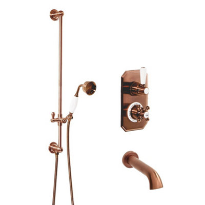 Homestylestore Brushed Copper Diverter Thermostatic Mixer Valve With Riser Rail Kit And Wall Mounted Bath Spout from B&Q