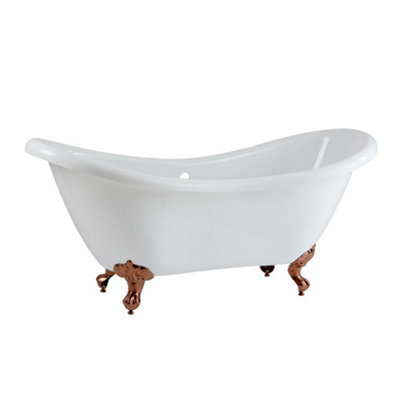 Homestylestore White 1750 X 730mm Bathroom Double Ended Freestanding Slipper Bath With Brushed Bronze Ball & Claw Feet from B&Q