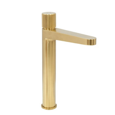 Homestylestore Brushed Brass Deck Mounted Push Button High Rise Mono Basin Mixer Tap from B&Q