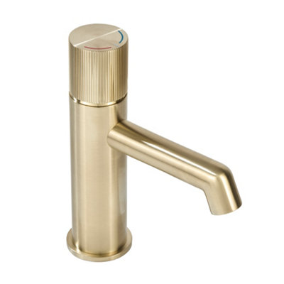 Homestylestore Brushed Brass Mono Bathroom Basin Mixer Tap Round Ribbed Handle from B&Q