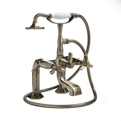 Homestylestore Aged Gold Art Deco Deck Mounted Bathroom Bath Shower Mixer Tap Crosshead Handles from B&Q