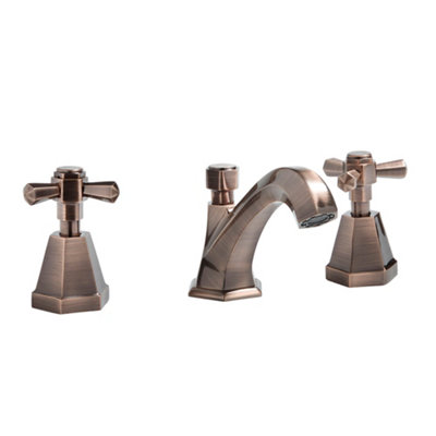 Homestylestore Aged Bronze Art Deco Three Tap Hole Bathroom Basin Mixer Tap Crosshead Handles from B&Q