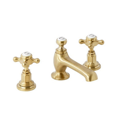 Homestylestore Brushed Brass 3 Tap Hole Basin Mixer Tap With Crosshead Handles from B&Q