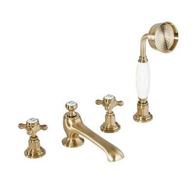 Homestylestore Brushed Brass Deck Mounted 4 Tap Hole Bath Shower Mixer Tap With Crosshead Handles from B&Q