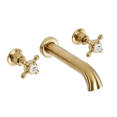 Homestylestore Brushed Brass Wall Mounted 3 Tap Hole Basin Mixer Tap With Crosshead Handles from B&Q