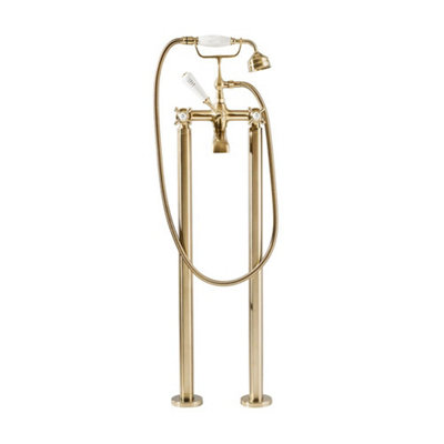 Homestylestore Brushed Brass Freestanding Bath Shower Mixer Tap With Crosshead Handles from B&Q