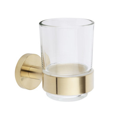 Homestylestore Wall Mounted Bathroom Glass Toothbrush Tumbler Brushed Brass Holder from B&Q