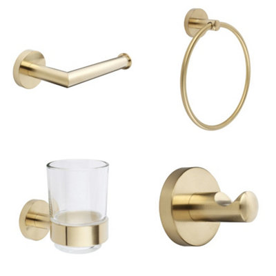 Homestylestore Brushed Brass Bathroom Accessory Set Towel Ring Robe Hook Toilet Roll Holder Tumbler from B&Q