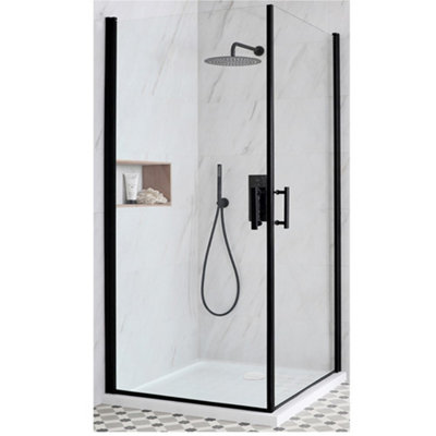 Homestylestore Black Corner Walk In Wet Room Hinged Door Shower Enclosure With White Tray And Fast Flow Waste 700 X 700mm