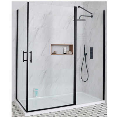Homestylestore Black Corner Walk In Wet Room Hinged Door Shower Enclosure With White Tray And Fast Flow Waste 1100 X 900mm from B&Q
