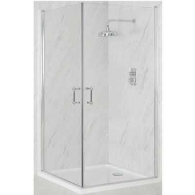 B&Q -  Chrome Corner Walk In Wet Room Hinged Door Shower Enclosure With White Tray And Fast Flow Waste 1000 X 1000mm