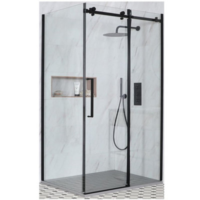 Homestylestore Black Reversible Corner Frameless Sliding Door Shower Enclosure With Light Grey Slate Effect Tray 1500 X 800mm from B&Q