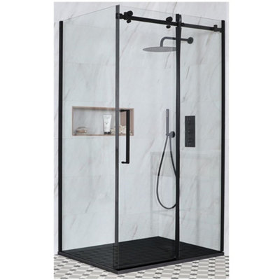 Homestylestore Black Reversible Corner Frameless Sliding Door Shower Enclosure With Graphite Slate Effect Tray 1400 X 800mm from B&Q