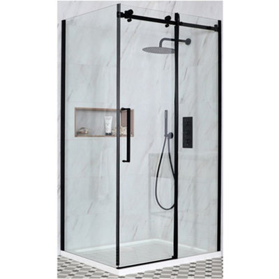 Homestylestore Black Reversible Corner Frameless Sliding Door Shower Enclosure With White Tray And Fast Flow Waste 1400 X 800mm from B&Q