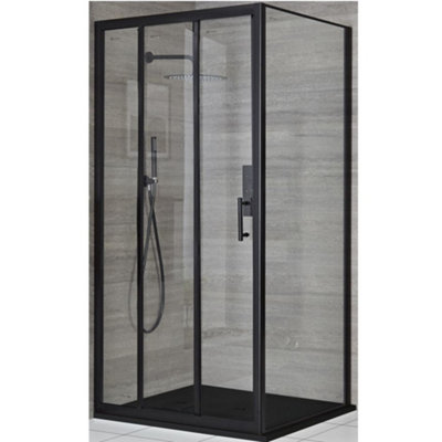 B&Q -  Black Corner Wet Room Walk In Triple Sliding Door Shower Enclosure With Graphite Slate Effect Tray 900 X 900mm