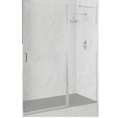 Homestylestore Chrome Wet Room Walk In Hinged Door Frameless Shower Enclosure With Light Grey Slate Effect Tray 1100 X 700mm from B&Q