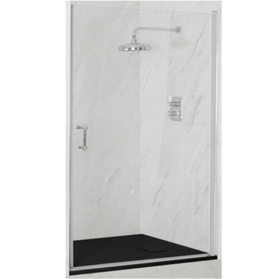 Homestylestore Chrome Wet Room Walk In Hinged Door Frameless Shower Enclosure With Graphite Slate Effect Tray 1400 X 800mm from B&Q