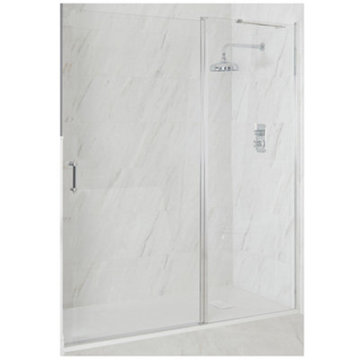 Homestylestore Chrome Wet Room Walk In Hinged Door Frameless Shower Enclosure With White Slate Effect Tray 1500 X 900mm from B&Q