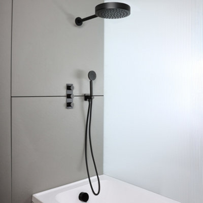 Homestylestore Black Thermostatic Diverter Mixer Valve 250mm Rainfall Shower Head Handset Overflow Bath Filler from B&Q