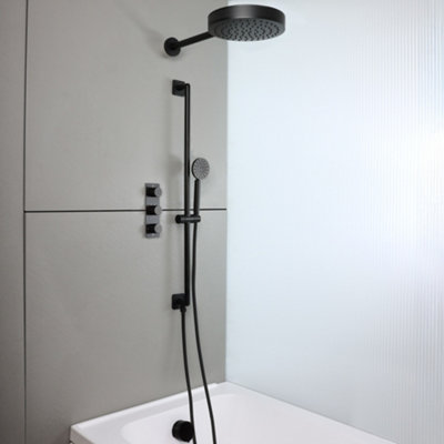 Homestylestore Black Thermostatic Diverter Mixer Valve 250mm Rainfall Shower Head Handset Riser Rail Overflow Bath Filler from B&Q