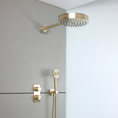 Homestylestore Brushed Brass Thermostatic Diverter Mixer Valve 250mm Rainfall Shower Head Handset Kit from B&Q