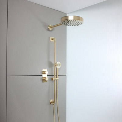 Homestylestore Brushed Brass Thermostatic Diverter Mixer Valve 250mm Rainfall Shower Head Handset Riser Rail from B&Q
