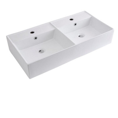 Homestylestore 820 X 420mm White Ceramic Countertop Wall Hung Double Bathroom Basin Sink And Brushed Brass Overflow Rings from B&Q