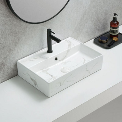 Homestylestore White Marble Effect Rectangular 1 Tap Hole Countertop Bathroom Basin Sink 500 X 350mm from B&Q