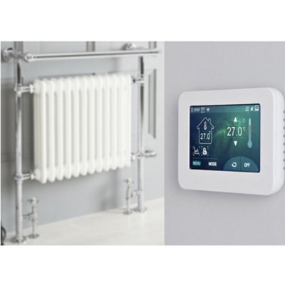 Homestylestore 930 X 790mm Chrome White Dual Fuel Heated Towel Rail RadiatorValvesTouchscreen Wifi Thermostat Cable Cover from B&Q