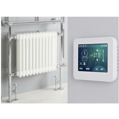 Homestylestore 930 X 790mm Chrome White Dual Fuel Heated Towel Rail RadiatorValvesTouchscreen Wifi Thermostat & Cable Cover from B&Q