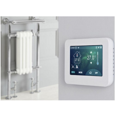 Homestylestore 930 X 450mm Chrome And White Dual Fuel Heated Towel Rail RadiatorValves And Touchscreen Wifi Thermostat from B&Q