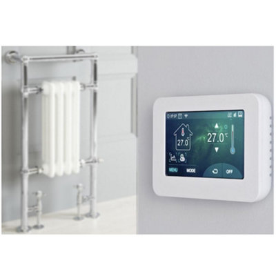 Homestylestore 930 X 450mm Chrome And White Dual Fuel Heated Towel Rail Radiator With Valves And Touchscreen Wifi Thermostat from B&Q