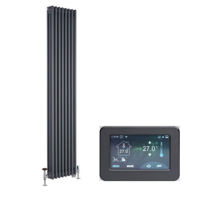 Homestylestore Anthracite 1800 X 380mm Cast Iron Style Vertical 3 Column Dual Fuel Radiator Touchscreen Wifi from B&Q