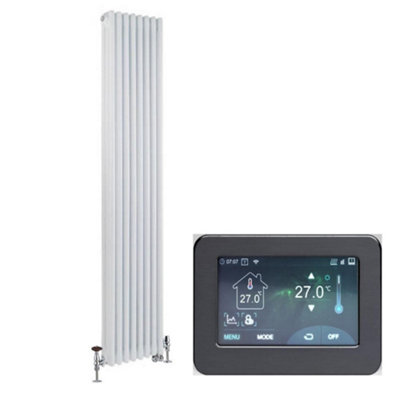 Homestylestore White 1800 X 380mm Cast Iron Style Vertical 3 Column Dual Fuel Radiator Touchscreen Wifi Thermostat from B&Q